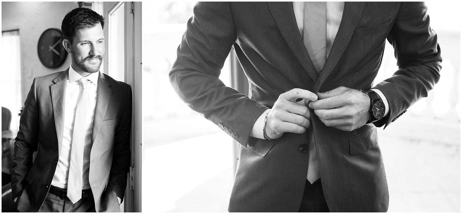 Elegant wedding attire details with tuxedos and formal wear in black and white.