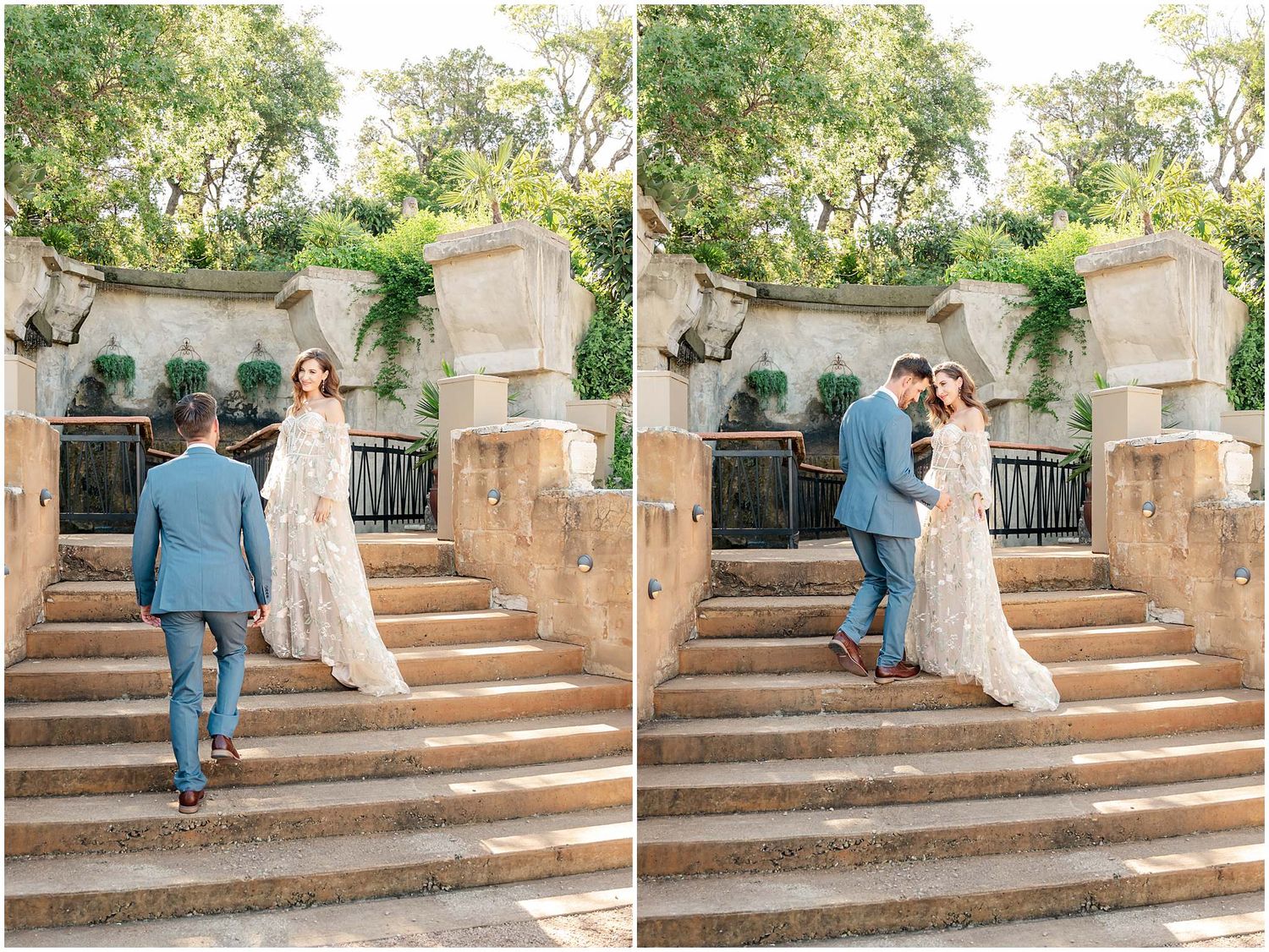 Romantic couple posing on stone steps surrounded by lush greenery and historic architecture.