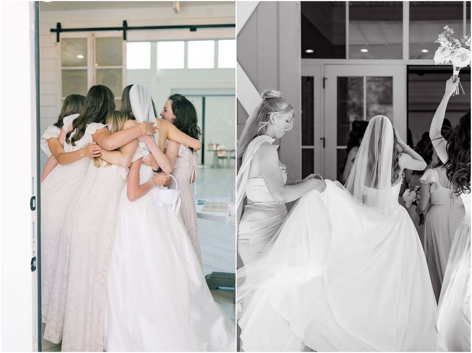 Bride and bridesmaids in white gowns embrace in a group hug, captured in color and black-and-white wedding photos.