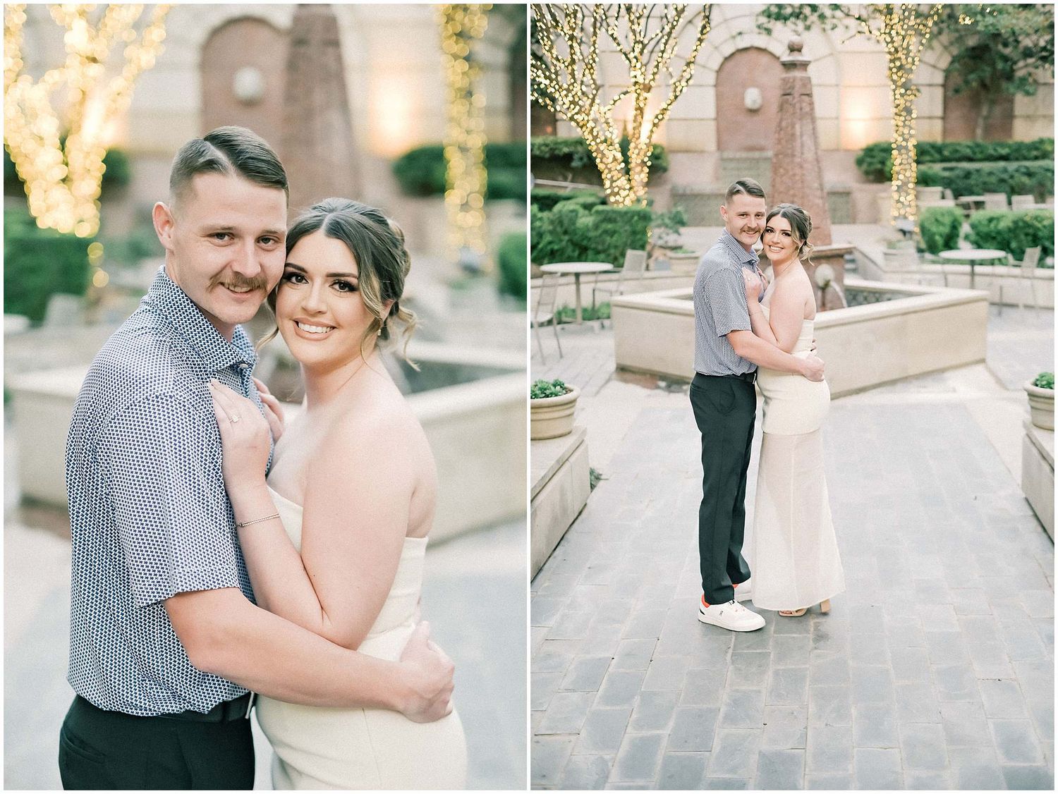 A couple poses together outdoors in casual attire against an architectural backdrop during a romantic photoshoot.