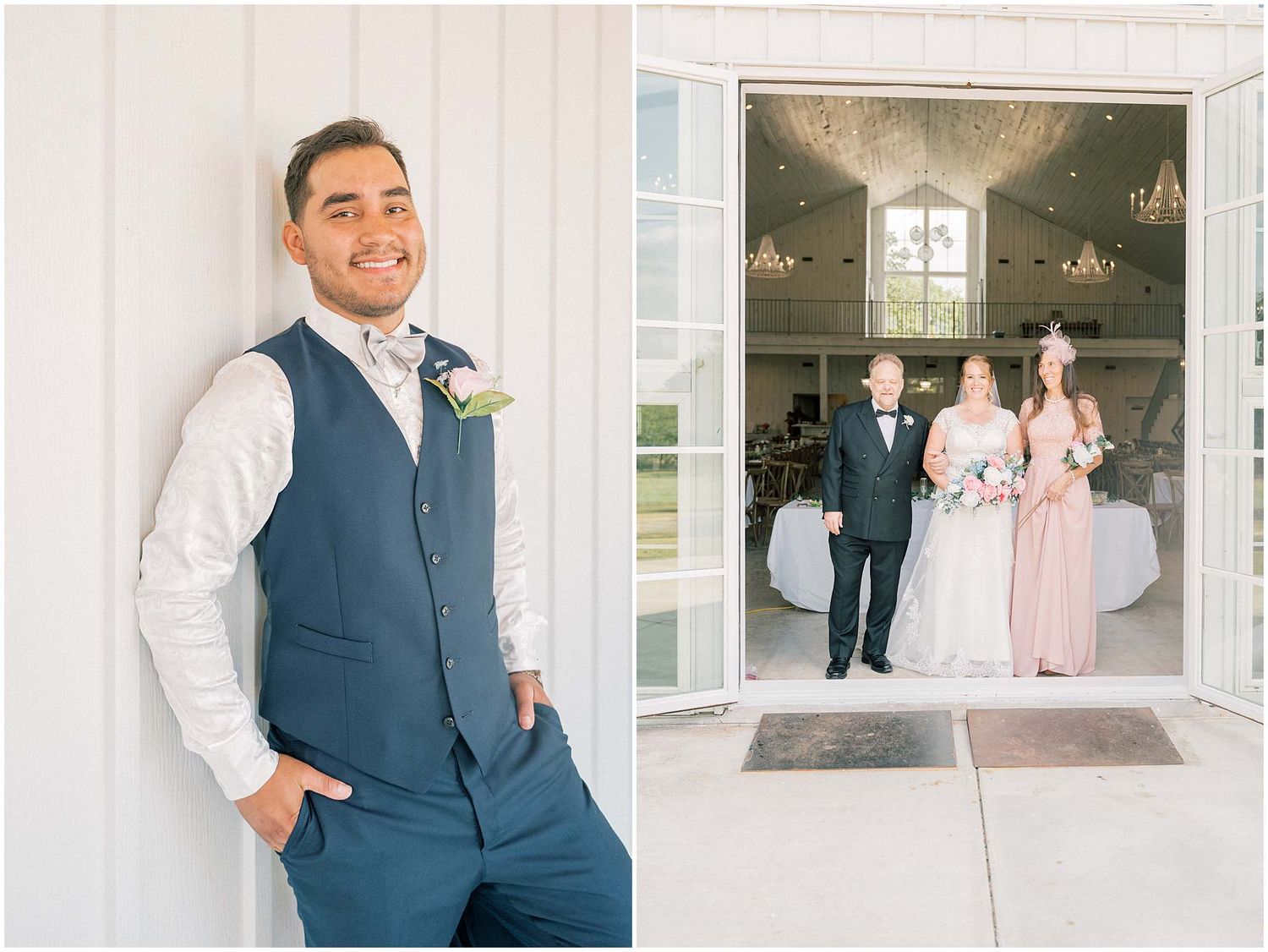 A wedding party poses together in formal attire at an elegant venue with white columns and natural lighting.