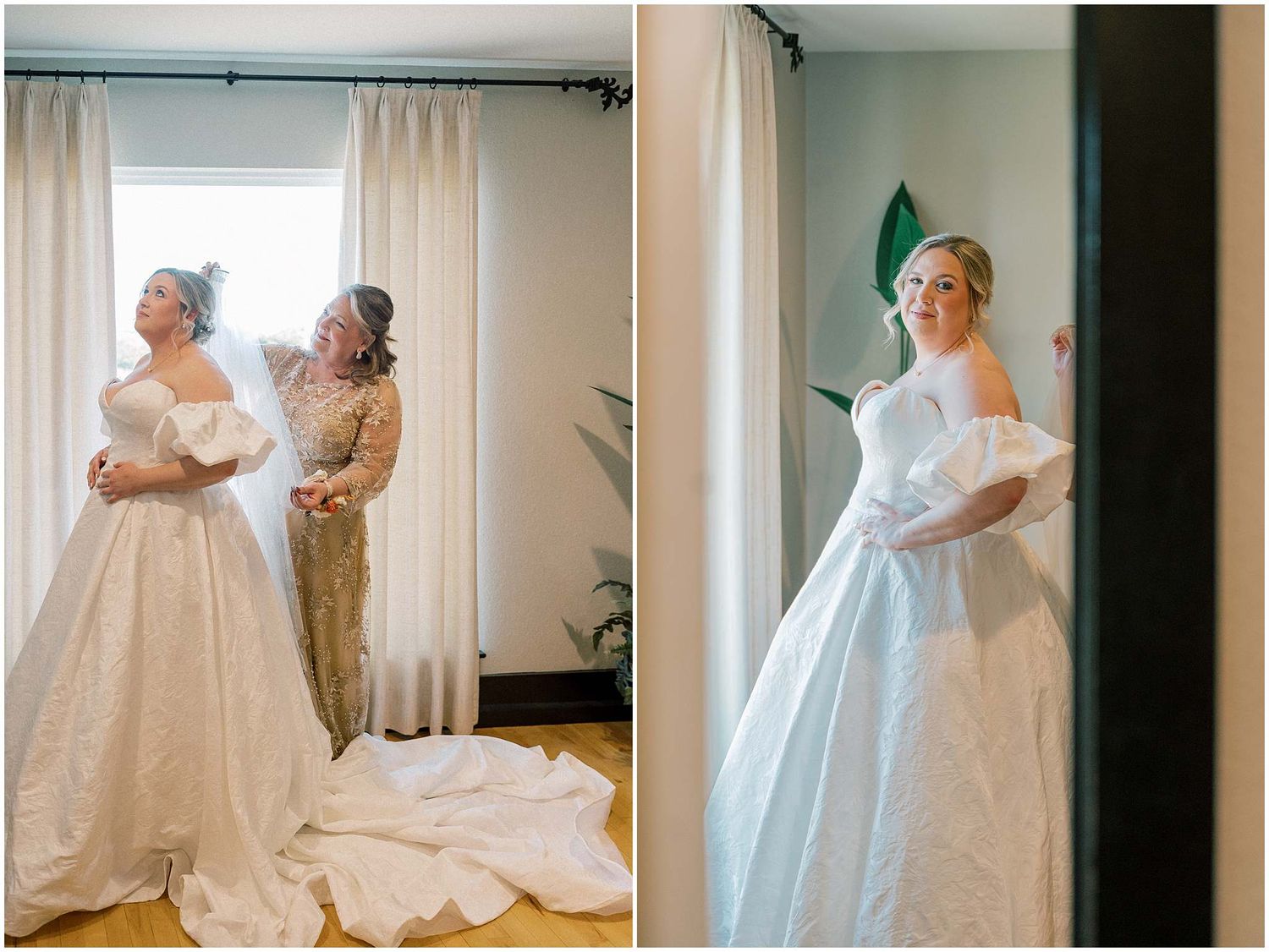 A stunning white wedding gown is showcased in a series of elegant getting ready shots with natural window light.