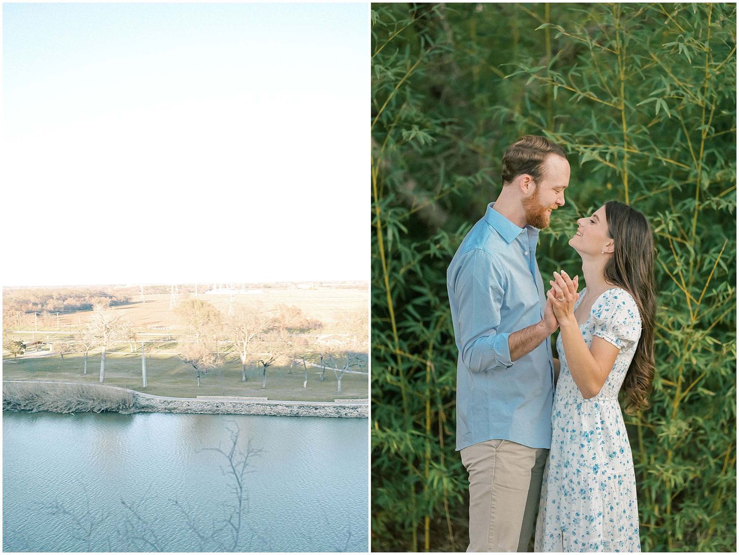 A romantic couple shares tender moments in a scenic outdoor setting with greenery and water views.