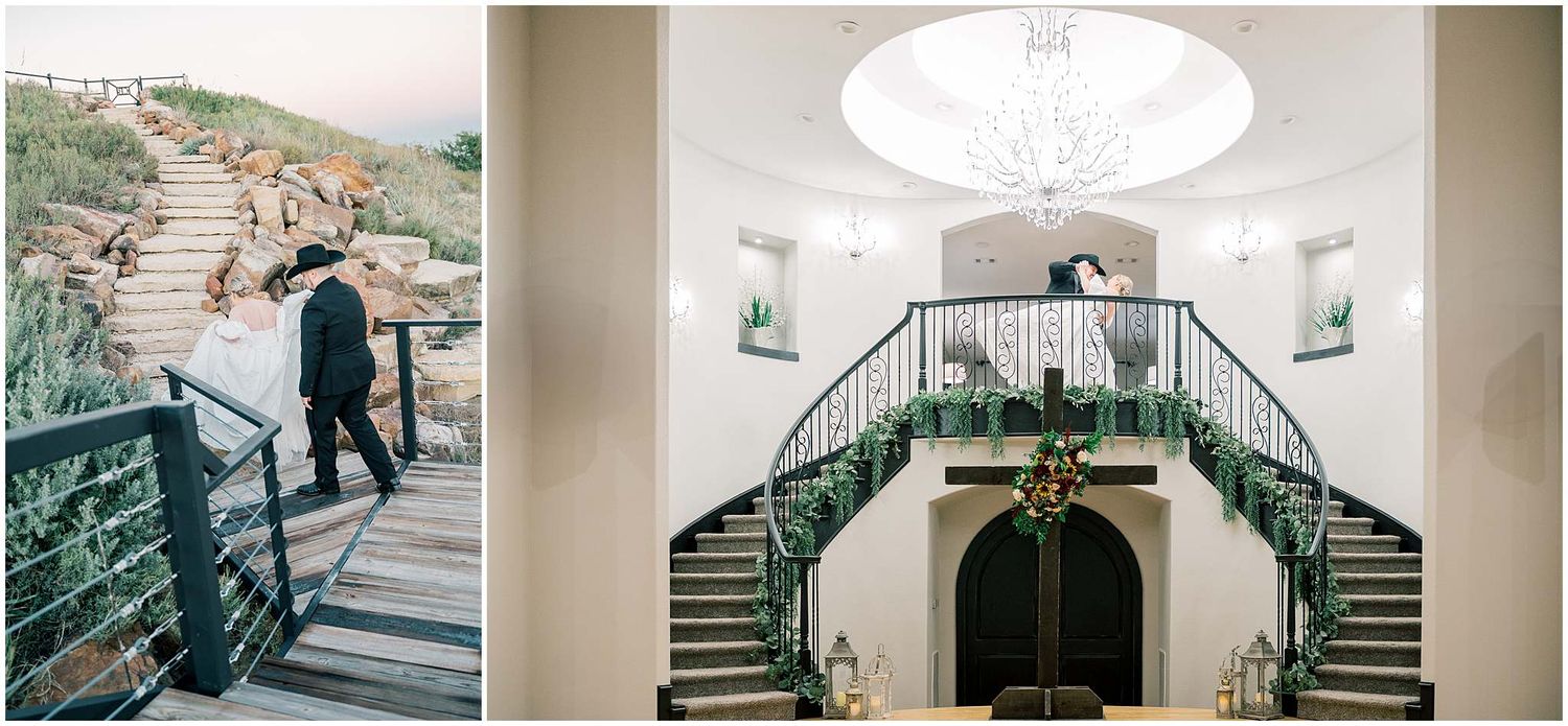 Elegant staircase and interior hallway with chandelier and wrought iron railings in a luxury venue.