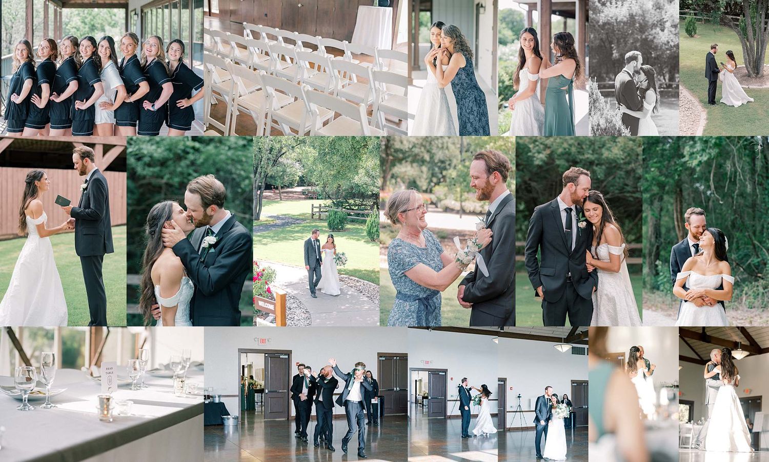Collage of candid wedding moments featuring the couple and wedding party throughout their special day.