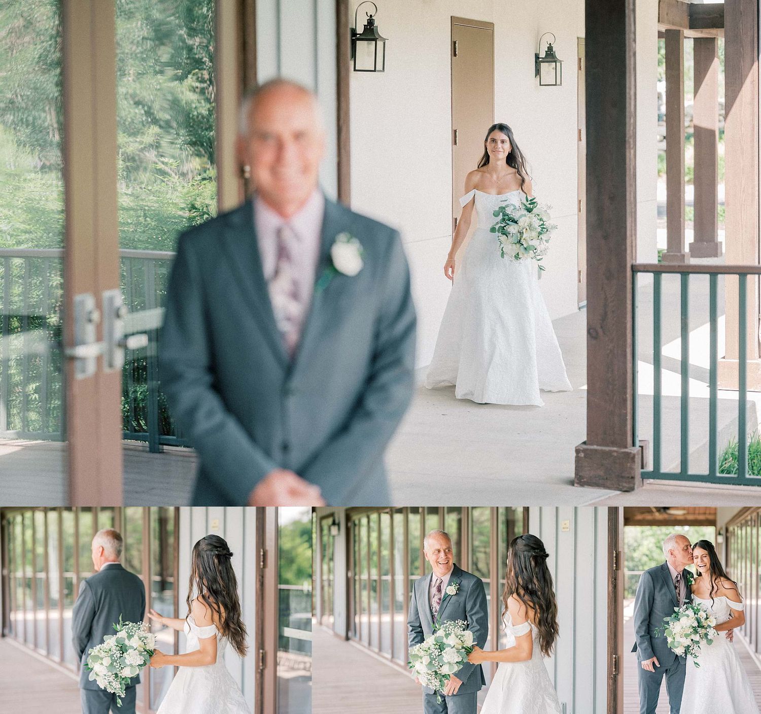 First look wedding moments captured on rustic covered porch with lanterns.