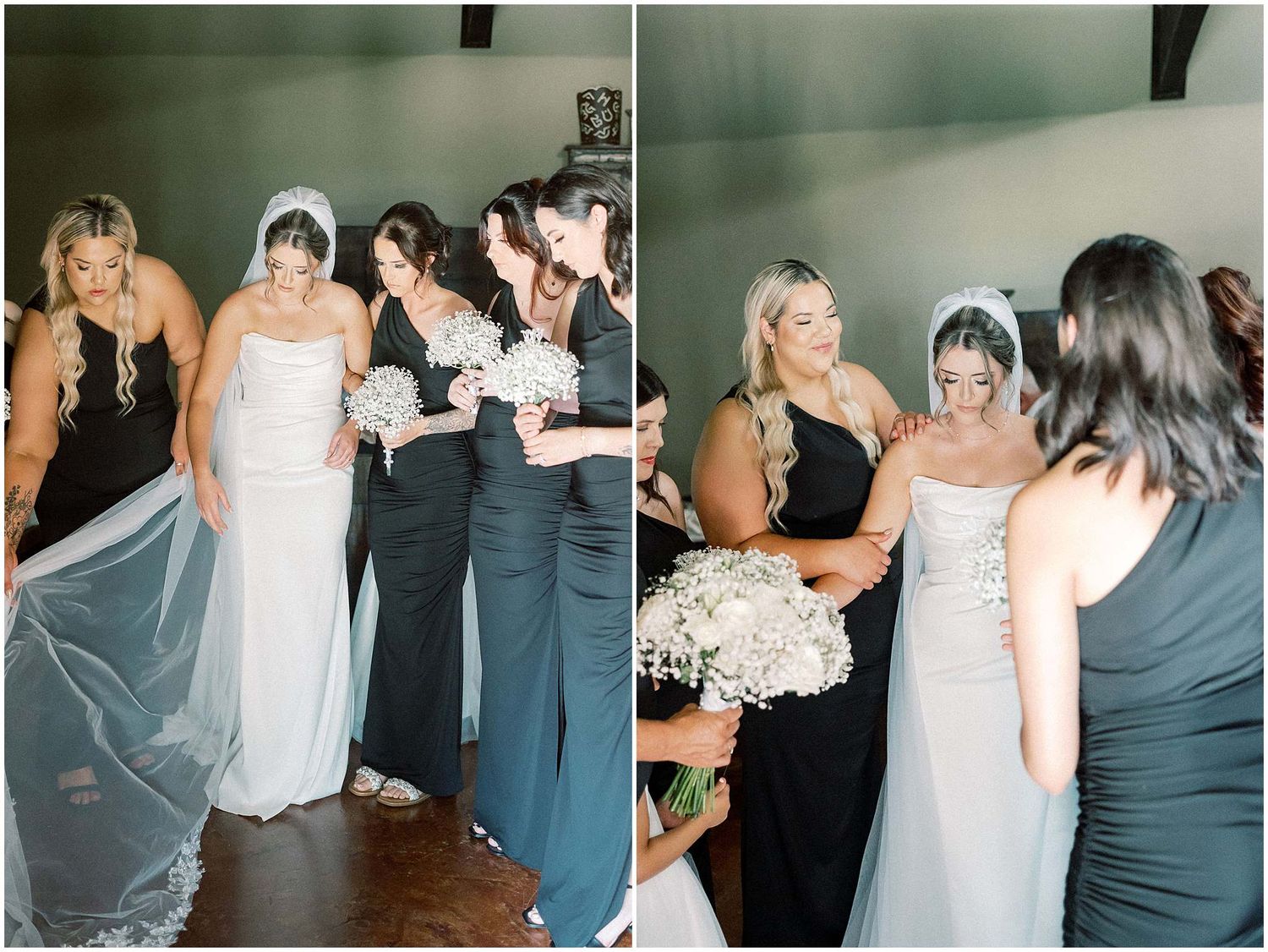 Wedding party members assist with dress preparations in an indoor setting.