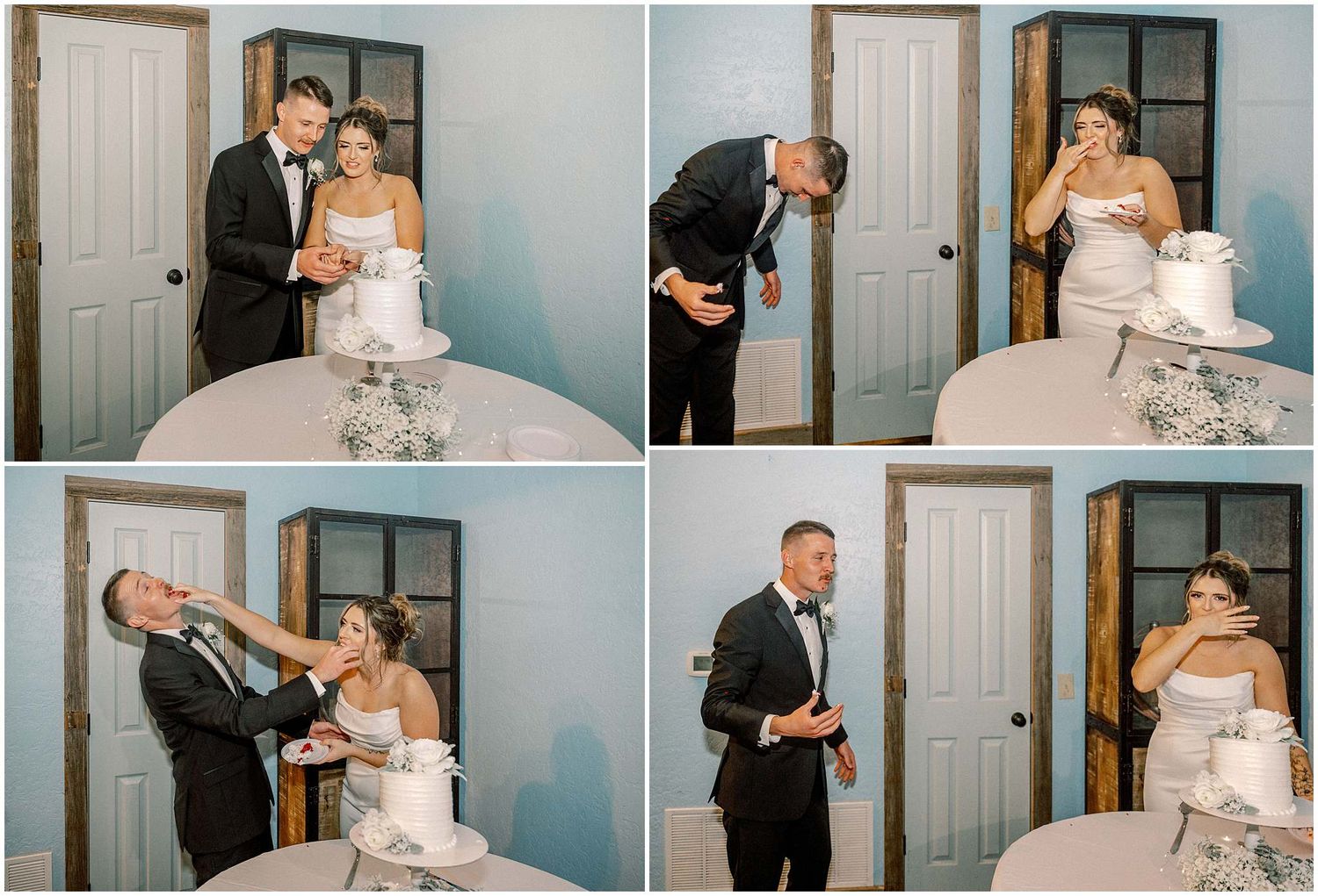 Wedding cake cutting celebration captured in a sequence of candid moments.