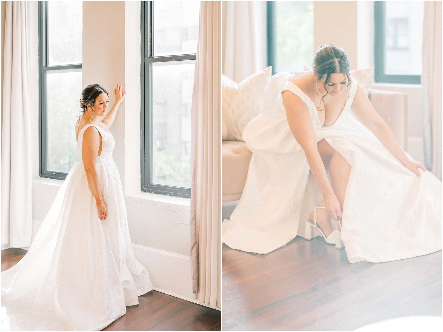 Elegant wedding dress movement photographed in natural light against white curtains.