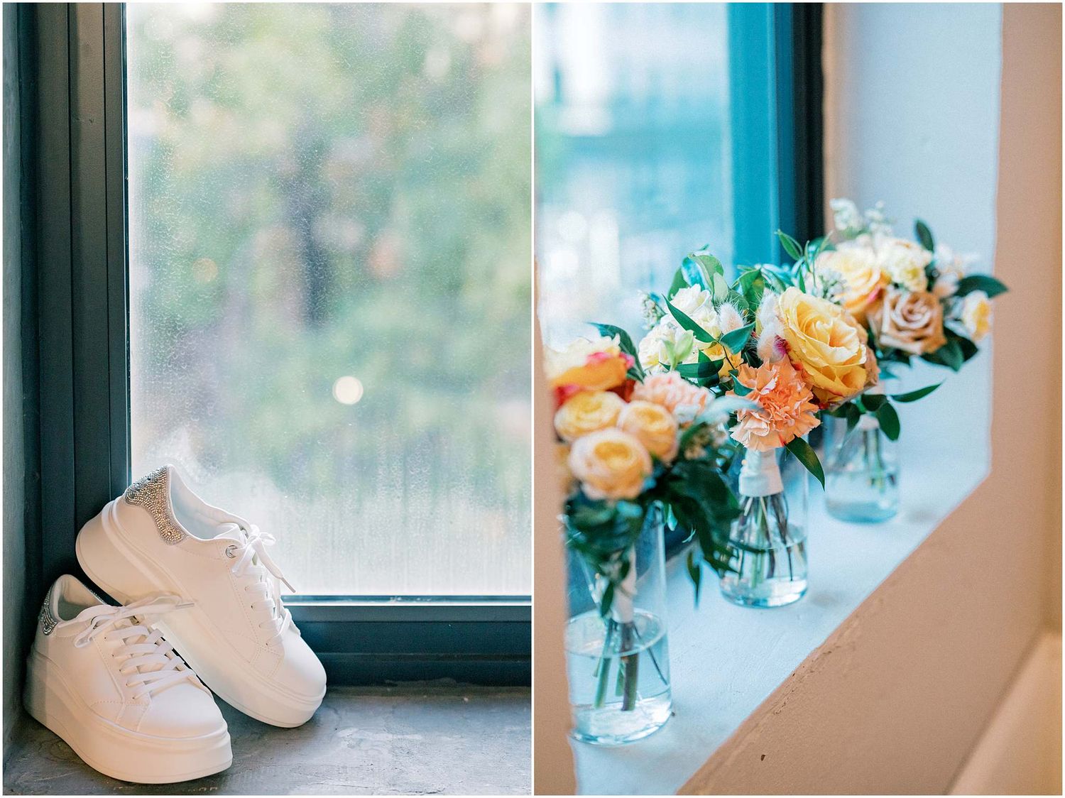 White sneakers next to peach and coral floral arrangements in glass vases by a window.