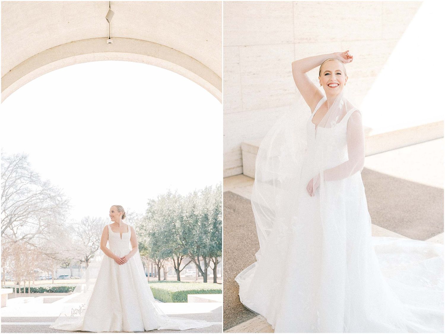 Romantic bridal photos showing a classic white wedding dress against arched architectural details.