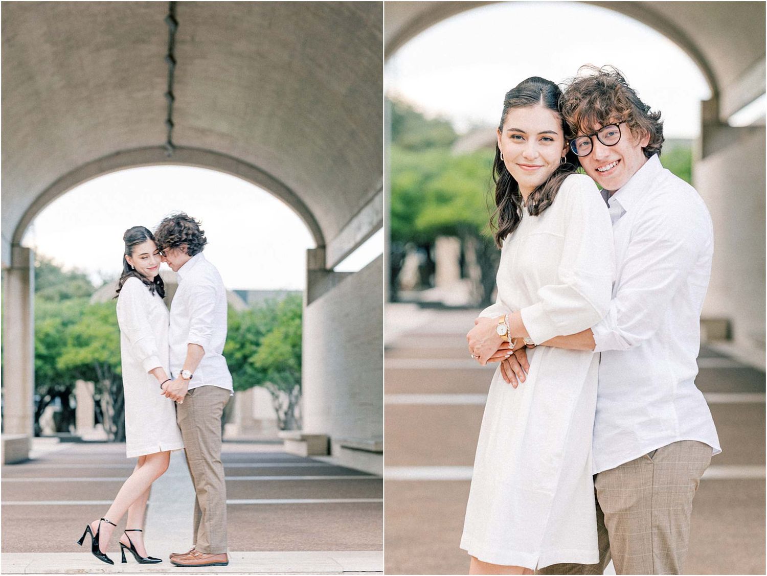 Engagement photography sequence showing loving interactions under an urban concrete structure.