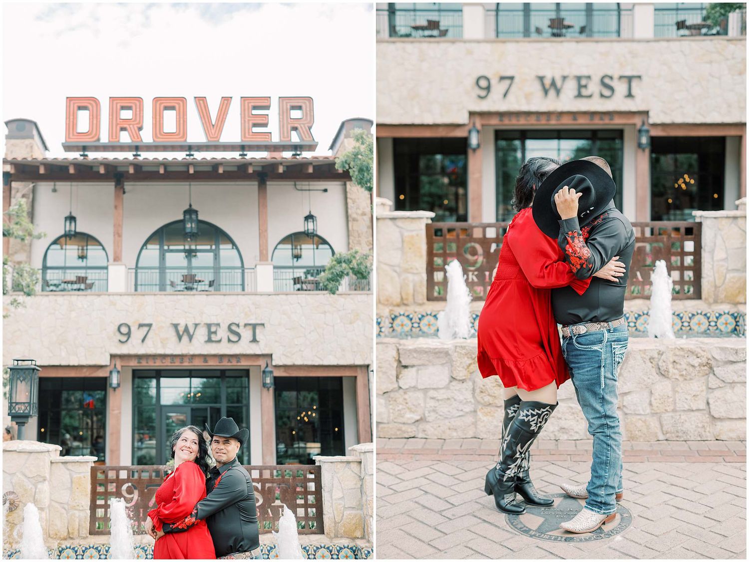 Couple poses outside 97 West building entrance with western-themed architecture.