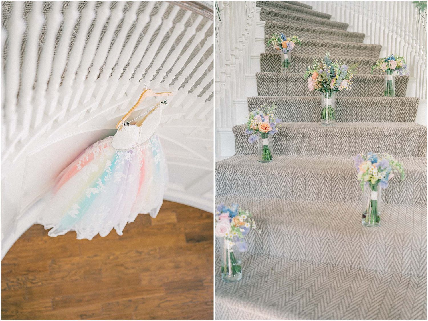 Decorative floral arrangements placed along a carpeted staircase at a wedding venue.
