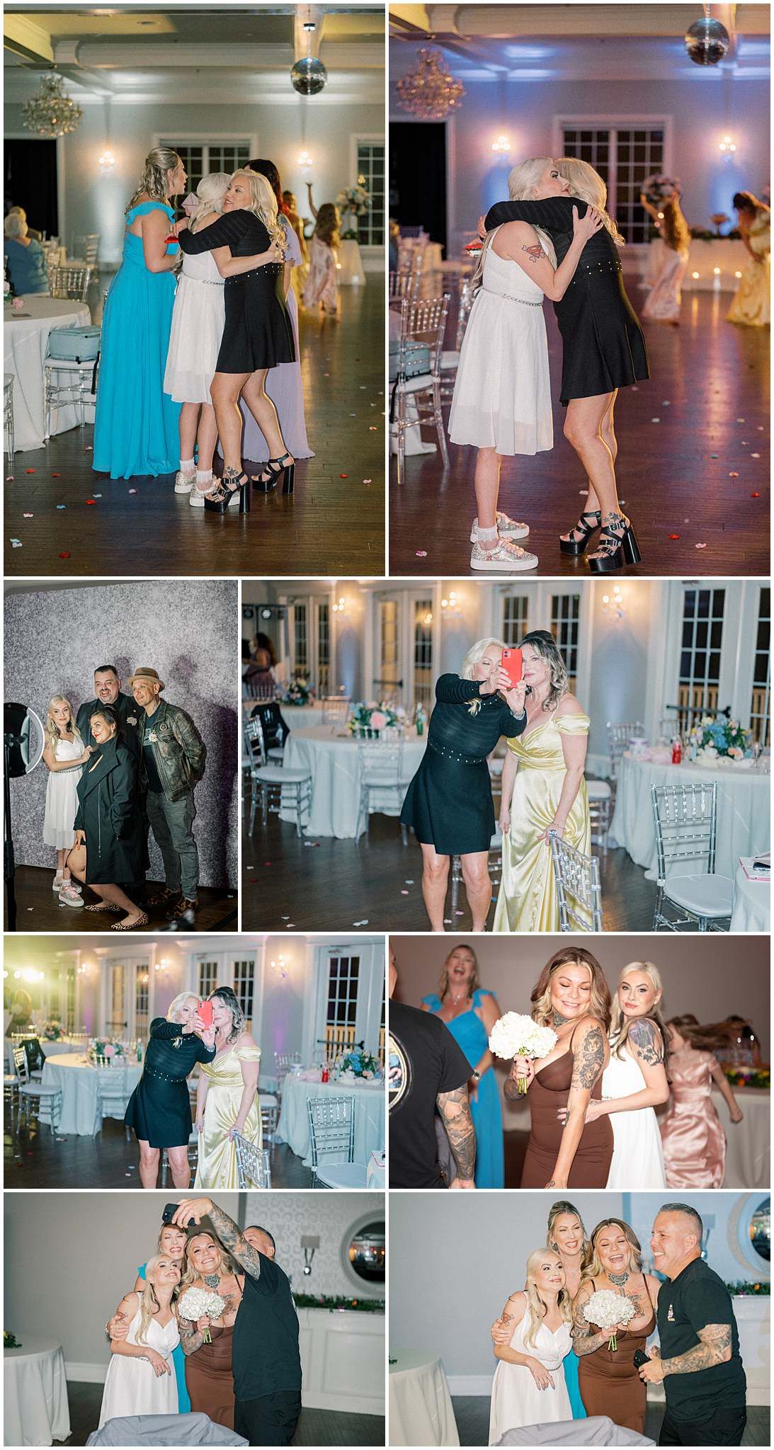 Collection of candid reception photos showing guests dancing and celebrating at an indoor wedding venue.