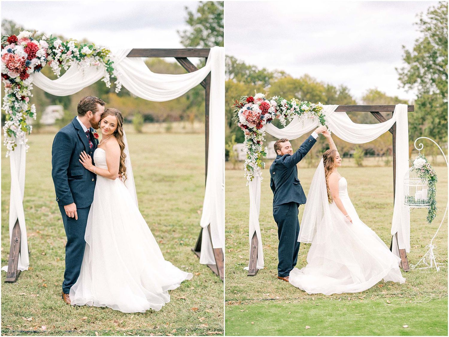 Wedding photo collage showing romantic moments against natural outdoor backdrop.