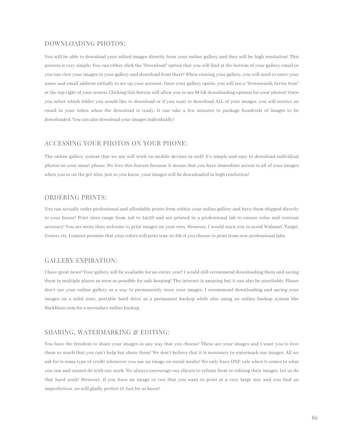 Wedding photography guide page covering downloading photos, accessing images, ordering prints, and gallery details.