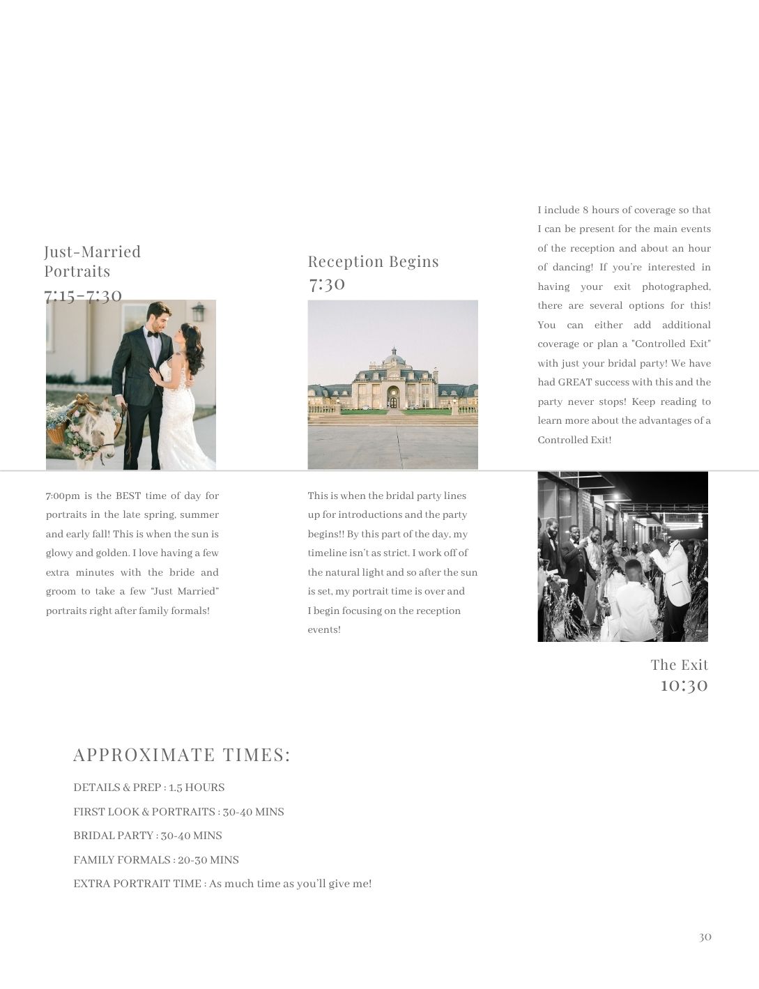 A wedding photography guide page showing just-married portraits and reception timeline details.