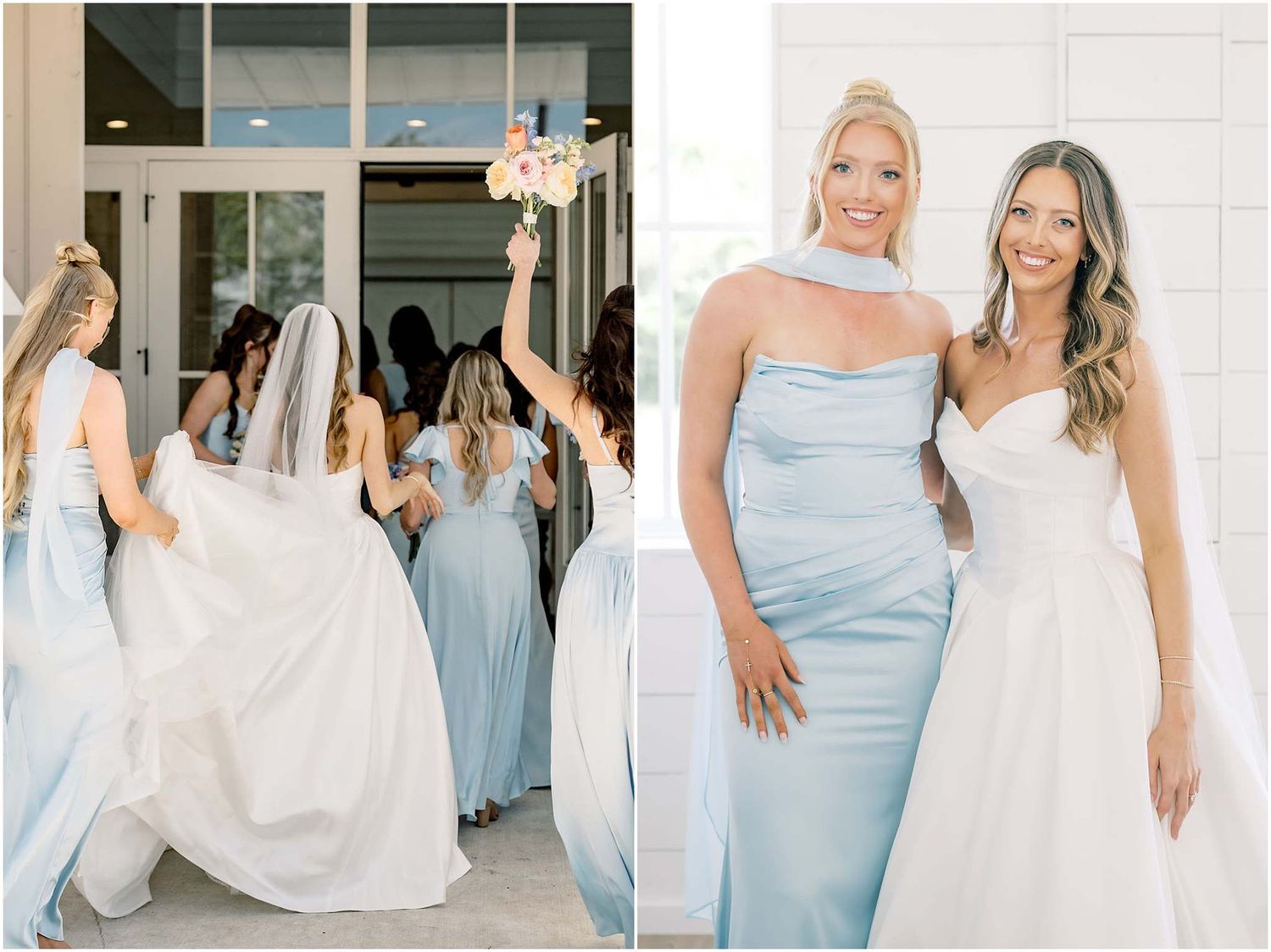 Bridesmaids in light blue gowns walk with bride in white dress, while bride poses with smiling bridesmaid.