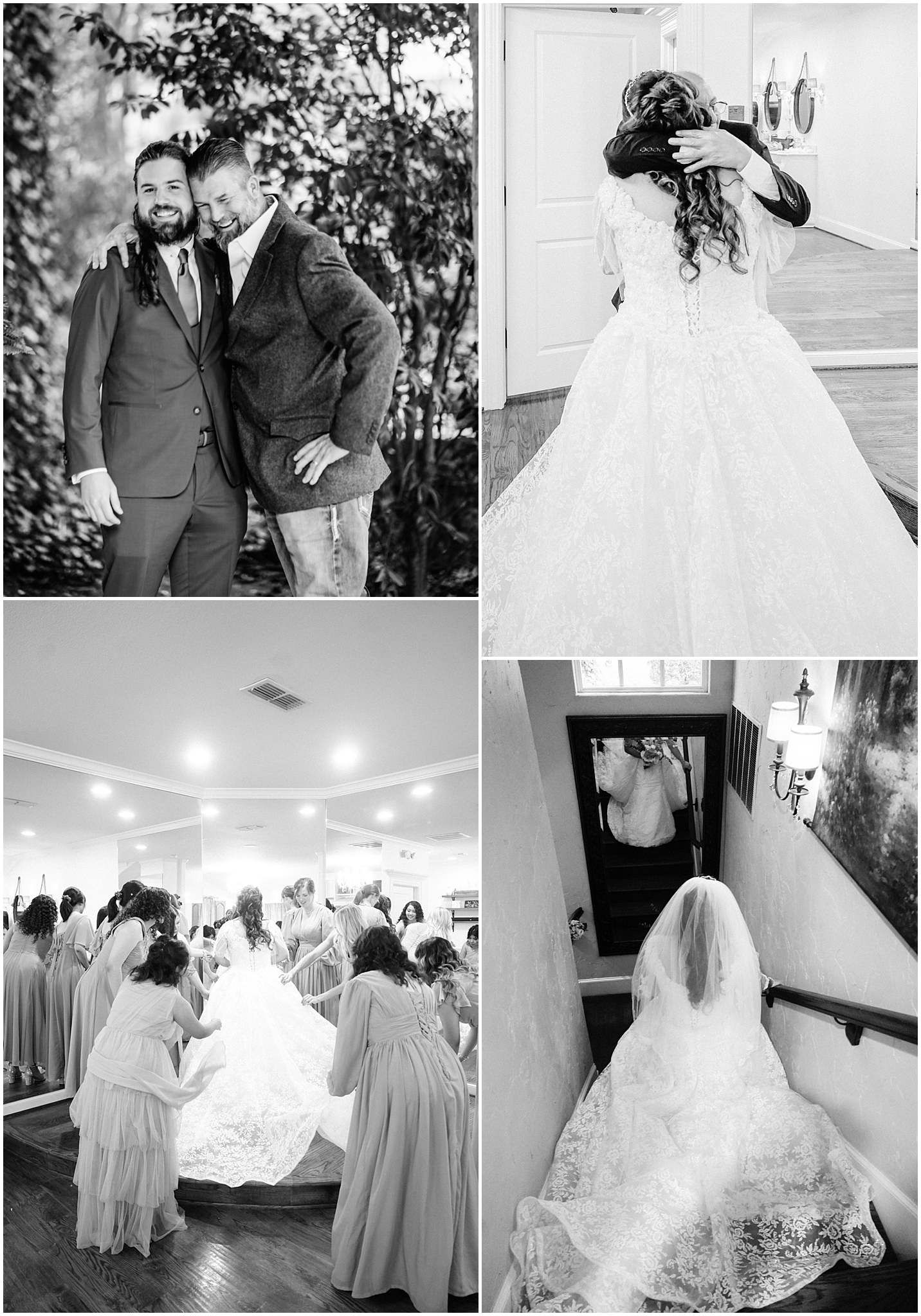 Black and white wedding collage featuring groom with groomsman, bride in lace gown, bridal party prayer circle, and mirror reflection.