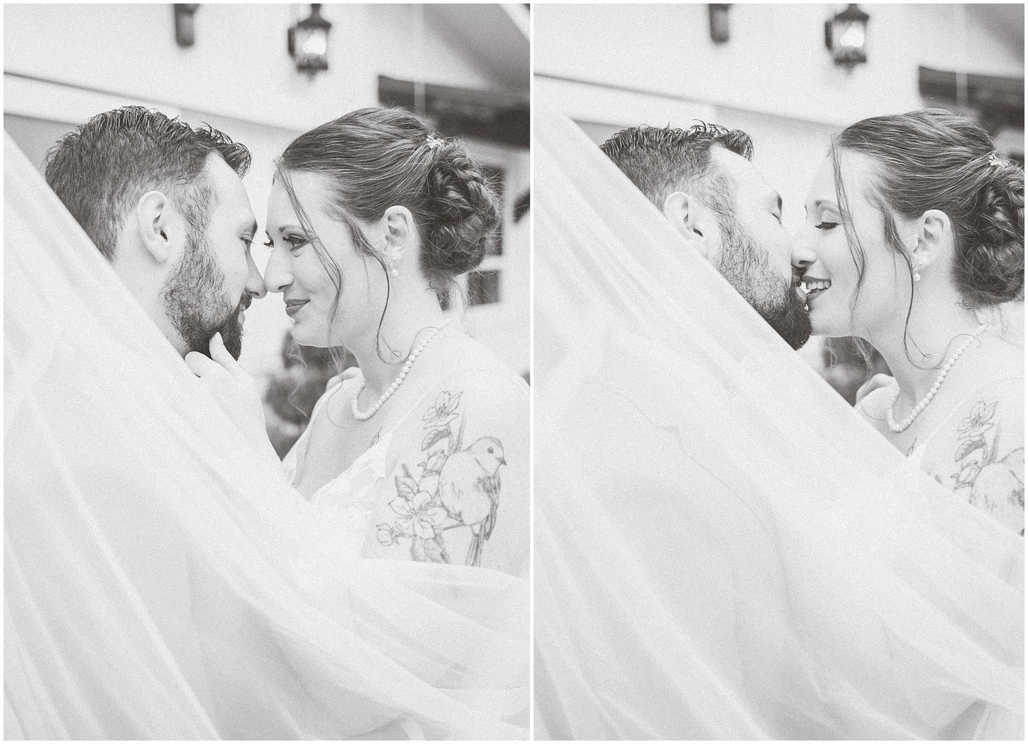 A romantic black and white photo series showing tender moments between a couple in wedding attire.