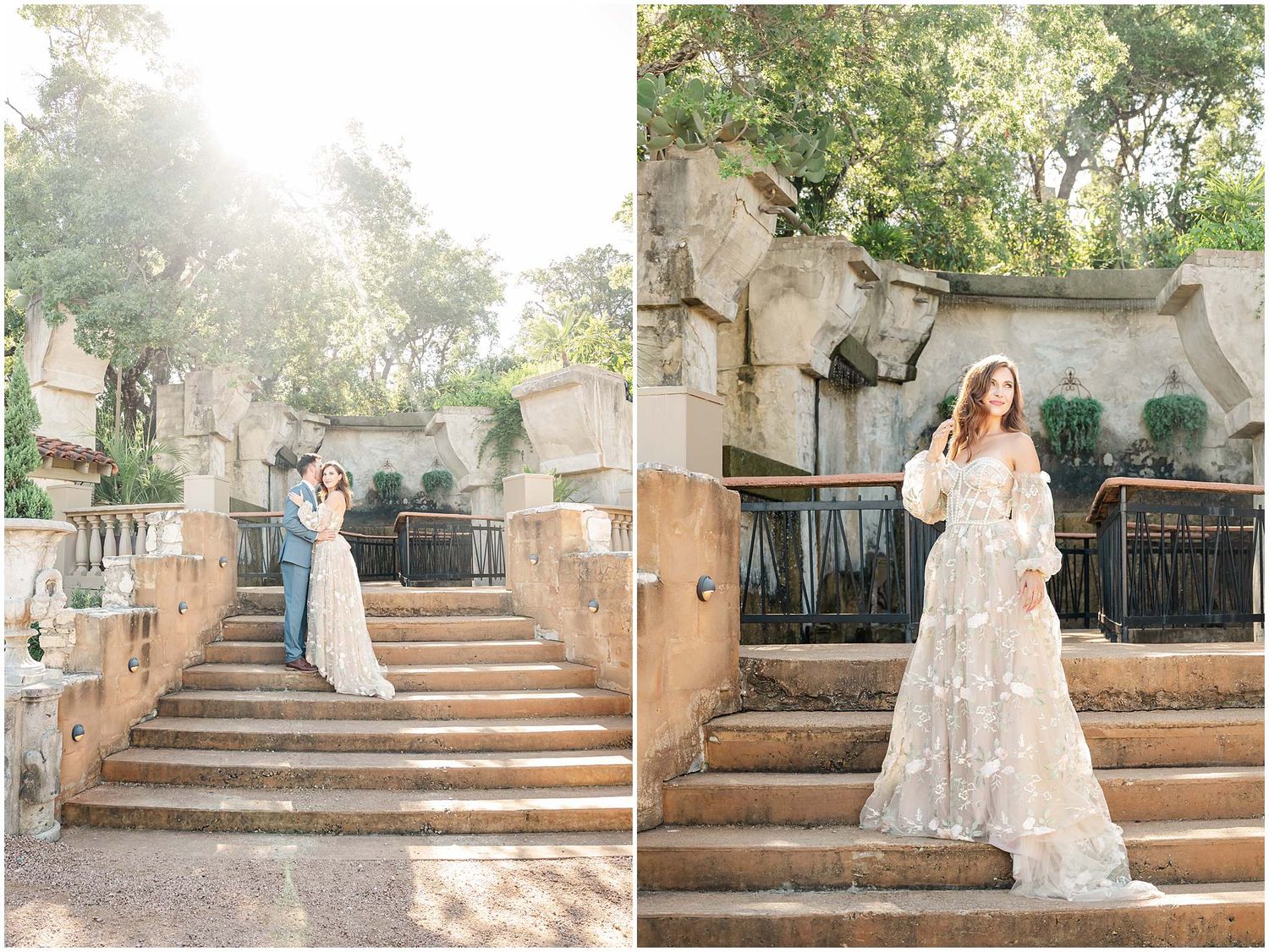 Wedding photography sequence on rustic stone steps with natural sunlight filtering through trees.