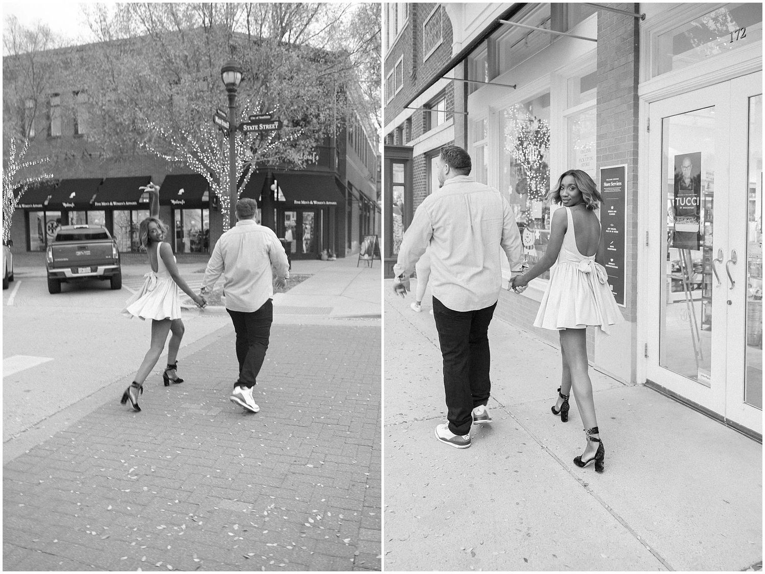 Black and white photos show couple walking and posing along city sidewalk during engagement session.