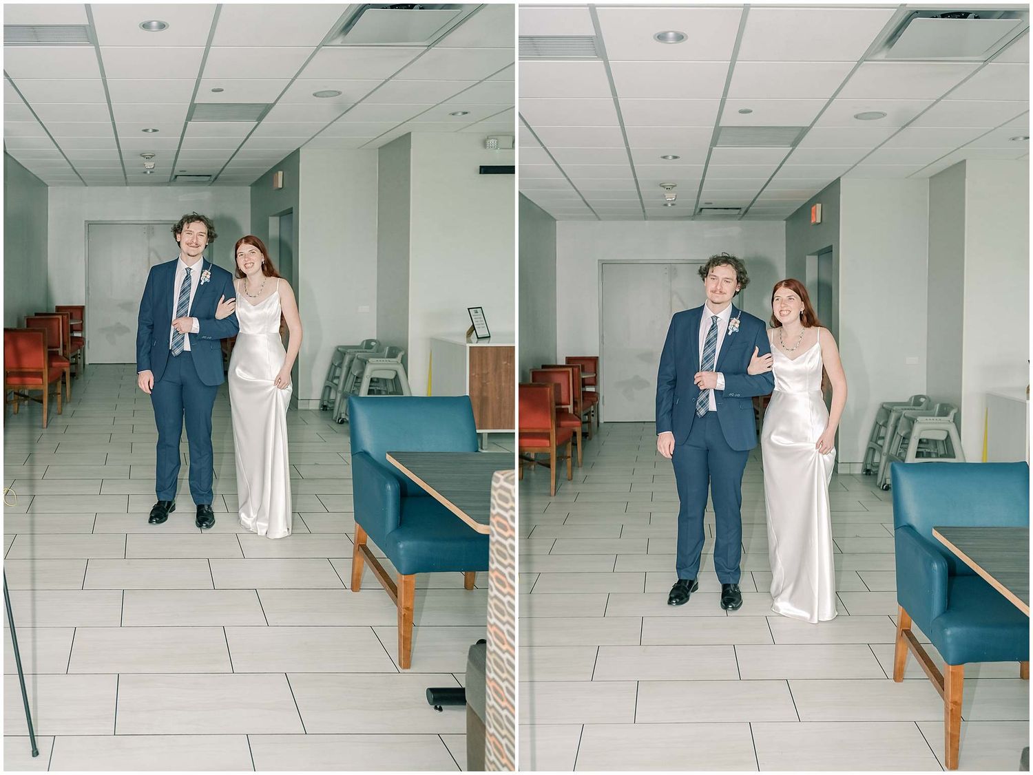 Modern indoor wedding venue photos showing couple in formal attire against minimalist white hallway.