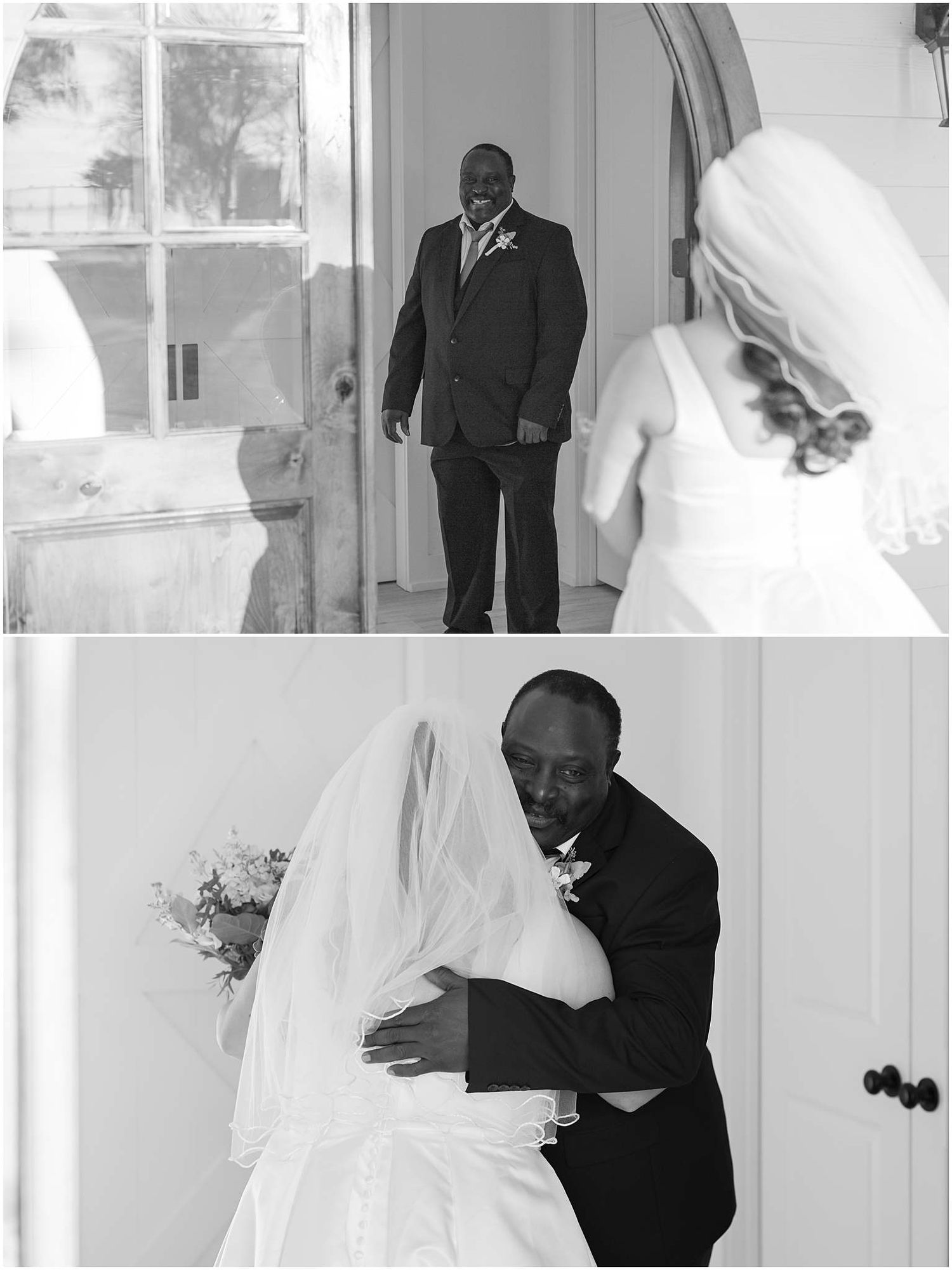 Wedding couple sharing a special moment in a bright white church hallway.