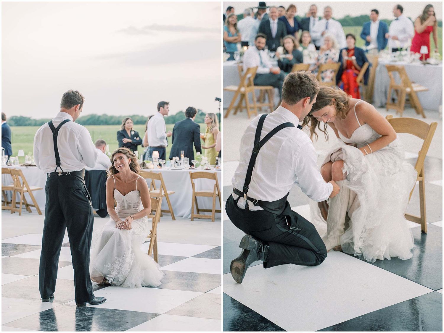 Wedding guests dancing together on a white dance floor at an outdoor reception.