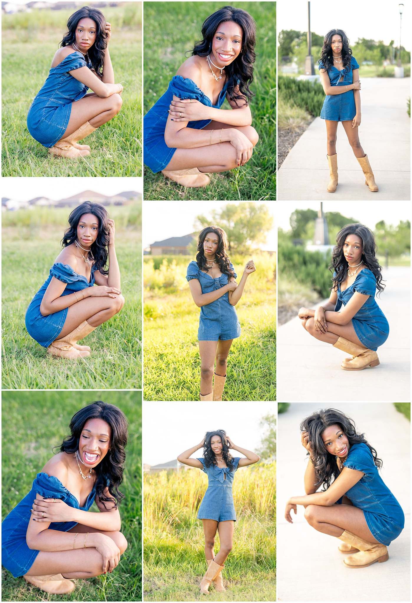 Young woman in blue denim romper and tan boots poses outdoors in grass and urban settings in a collage of nine photos.