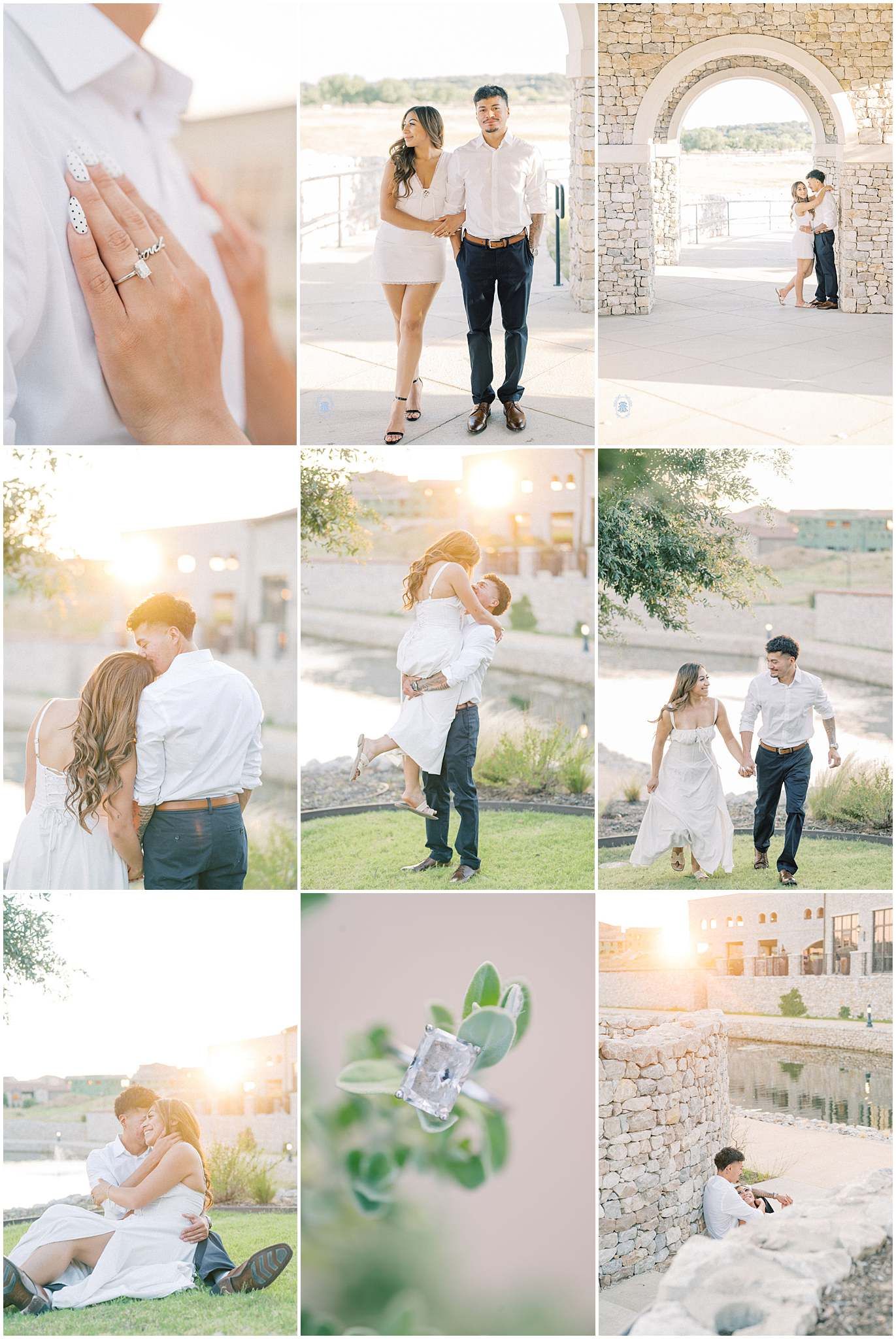 Golden hour engagement photo collage featuring a couple in white outfits, ring close-up, and romantic outdoor poses at sunset.