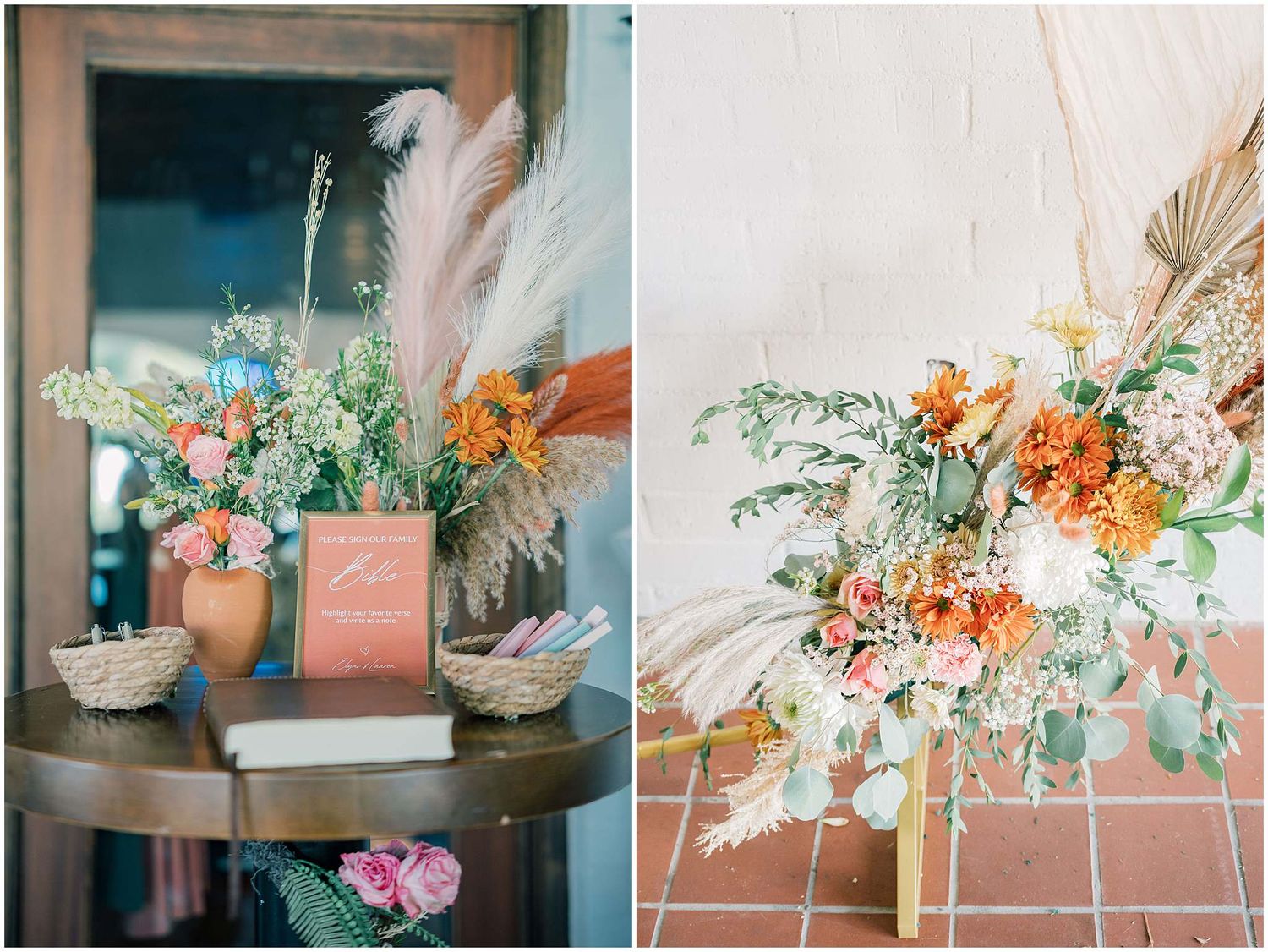 Colorful floral centerpieces with orange and pink blooms arranged on rustic wooden tables.
