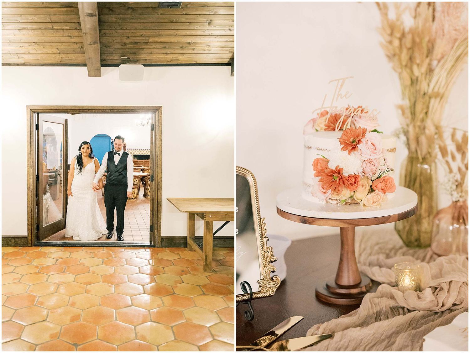 Reception details featuring terracotta floors and romantic decor in Spanish mission style venue.