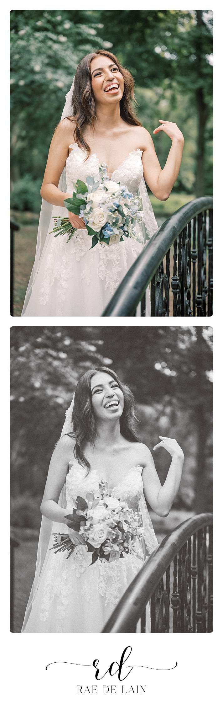 Joyful bridal portraits with pink and white bouquet on an outdoor staircase.