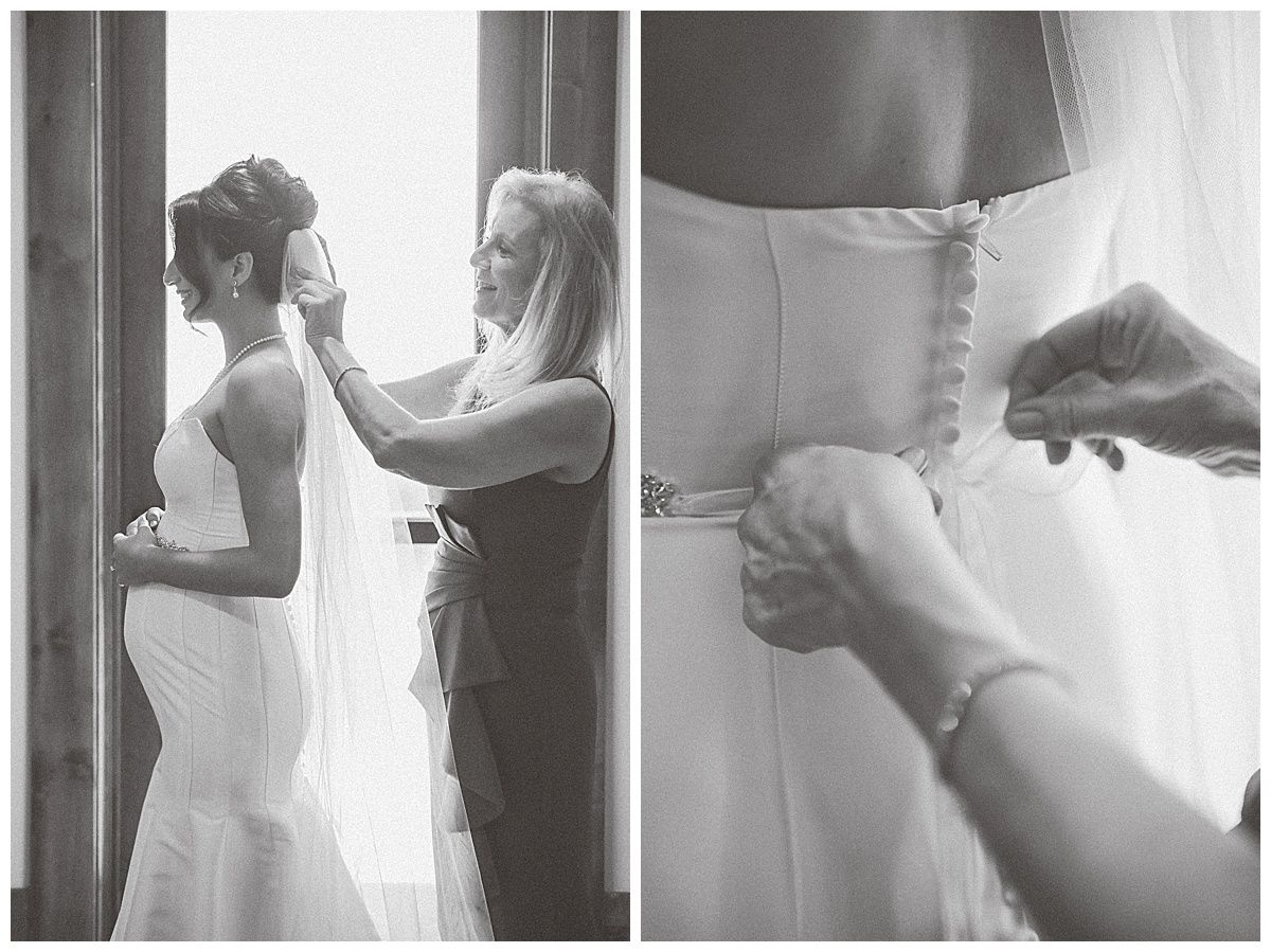 Black and white images showing the process of buttoning up a wedding dress.