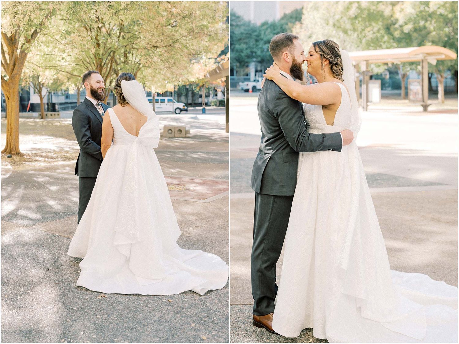 Series of intimate wedding photos showing couple's special moments on a tree-lined path.