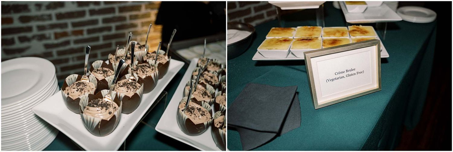 Wedding reception details including desserts and place settings against exposed brick walls.