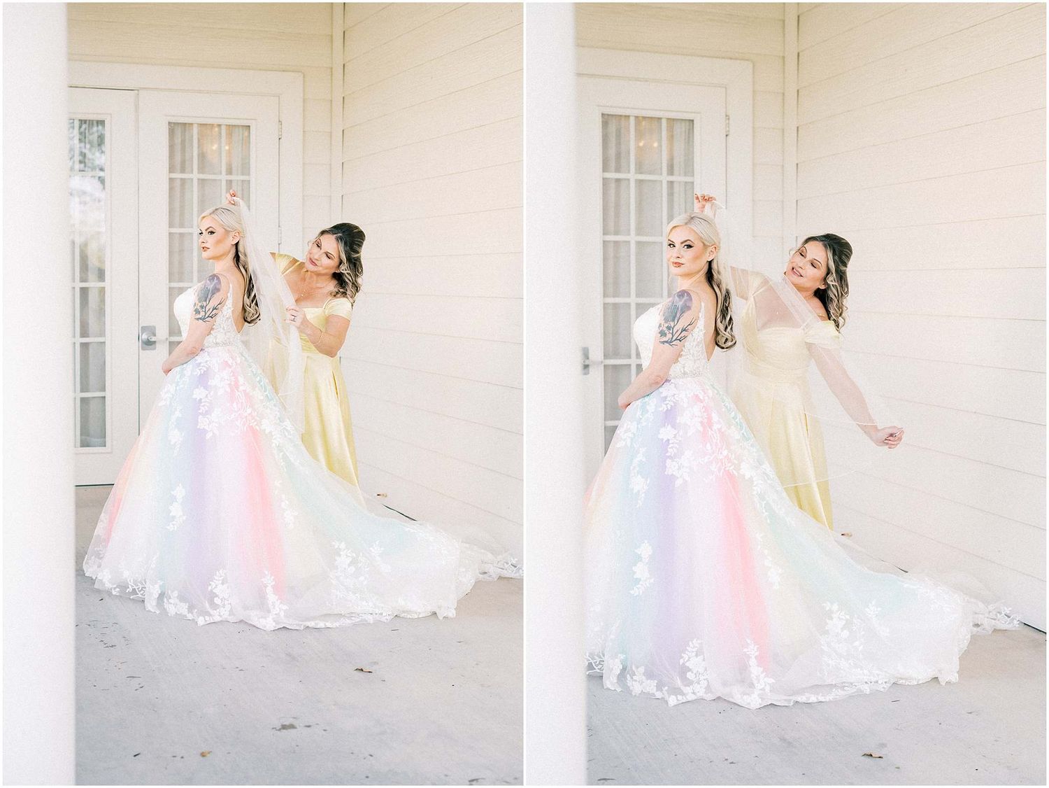A series of elegant wedding dress photos showing flowing white gowns against a light colored porch backdrop.
