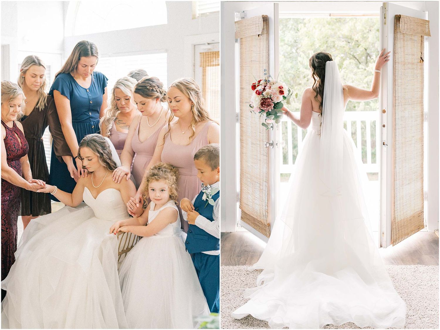 Wedding preparation scene with bridesmaids in black dresses assisting the bride.