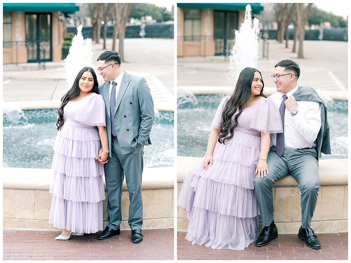 Outdoor engagement photography with couple in grey suit and tiered lavender dress.