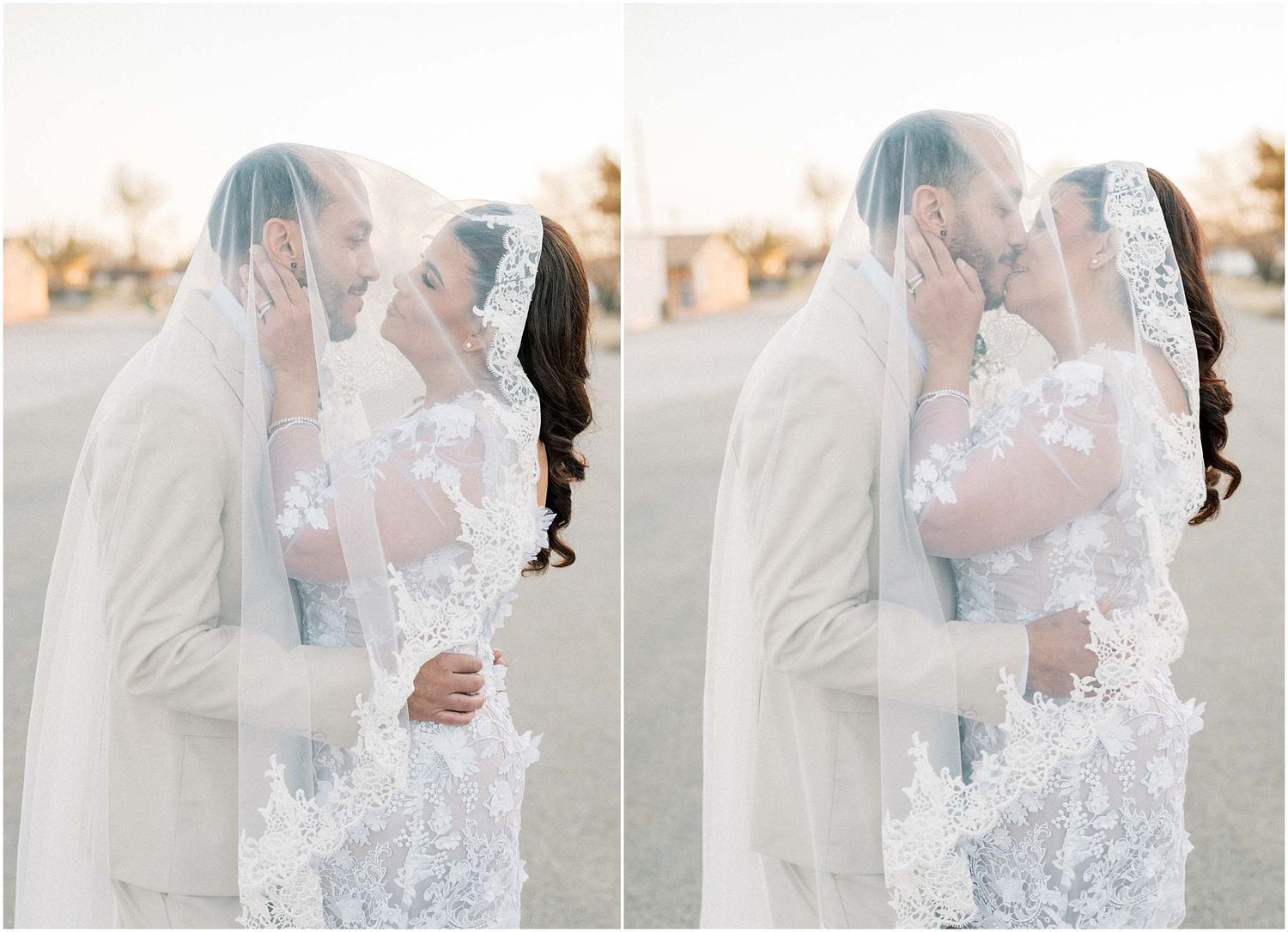 Intimate wedding portraits through delicate lace veil during golden hour.