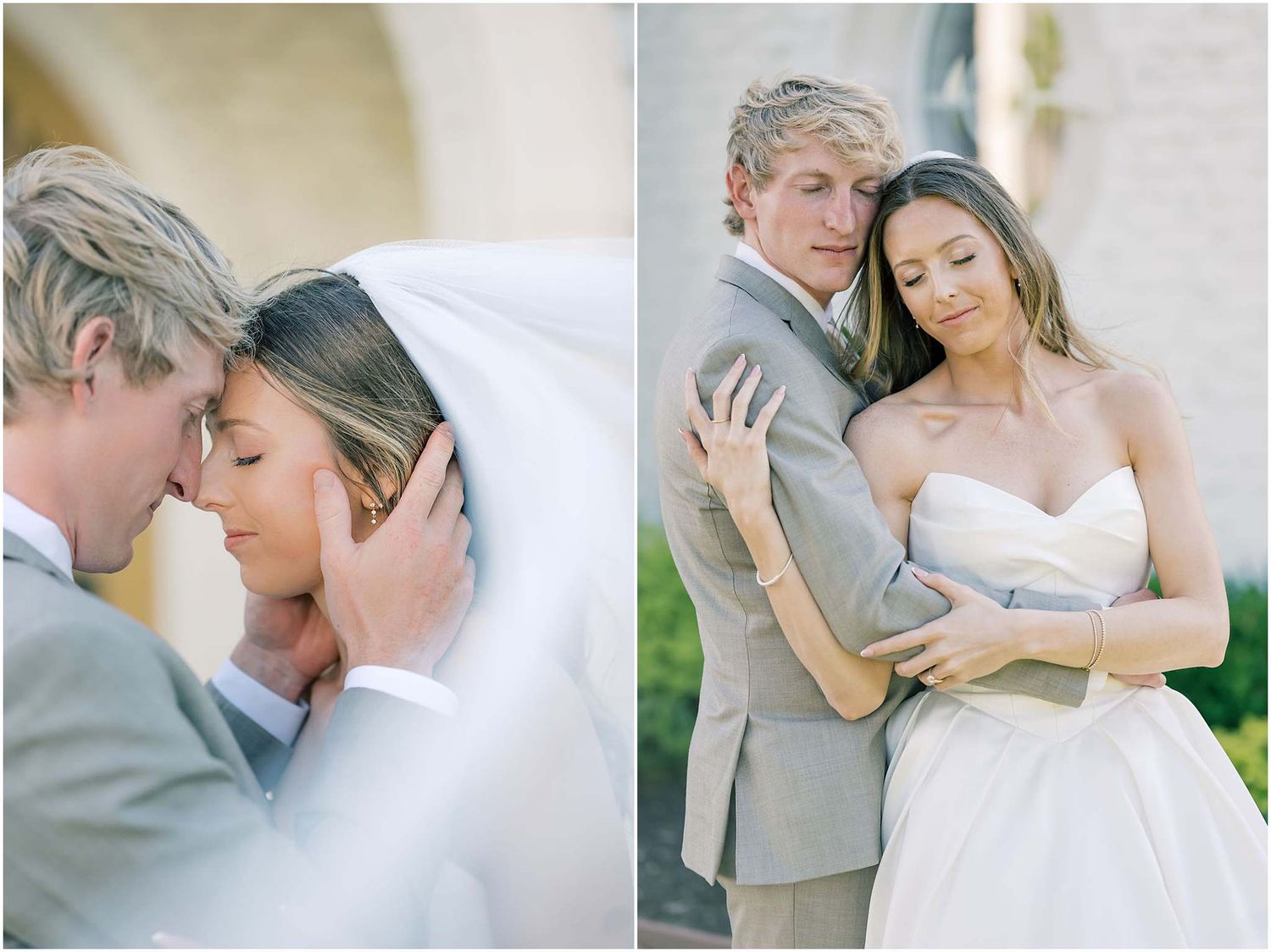 Romantic wedding couple in soft light, groom tenderly holding bride in white gown and veil during outdoor portrait session.