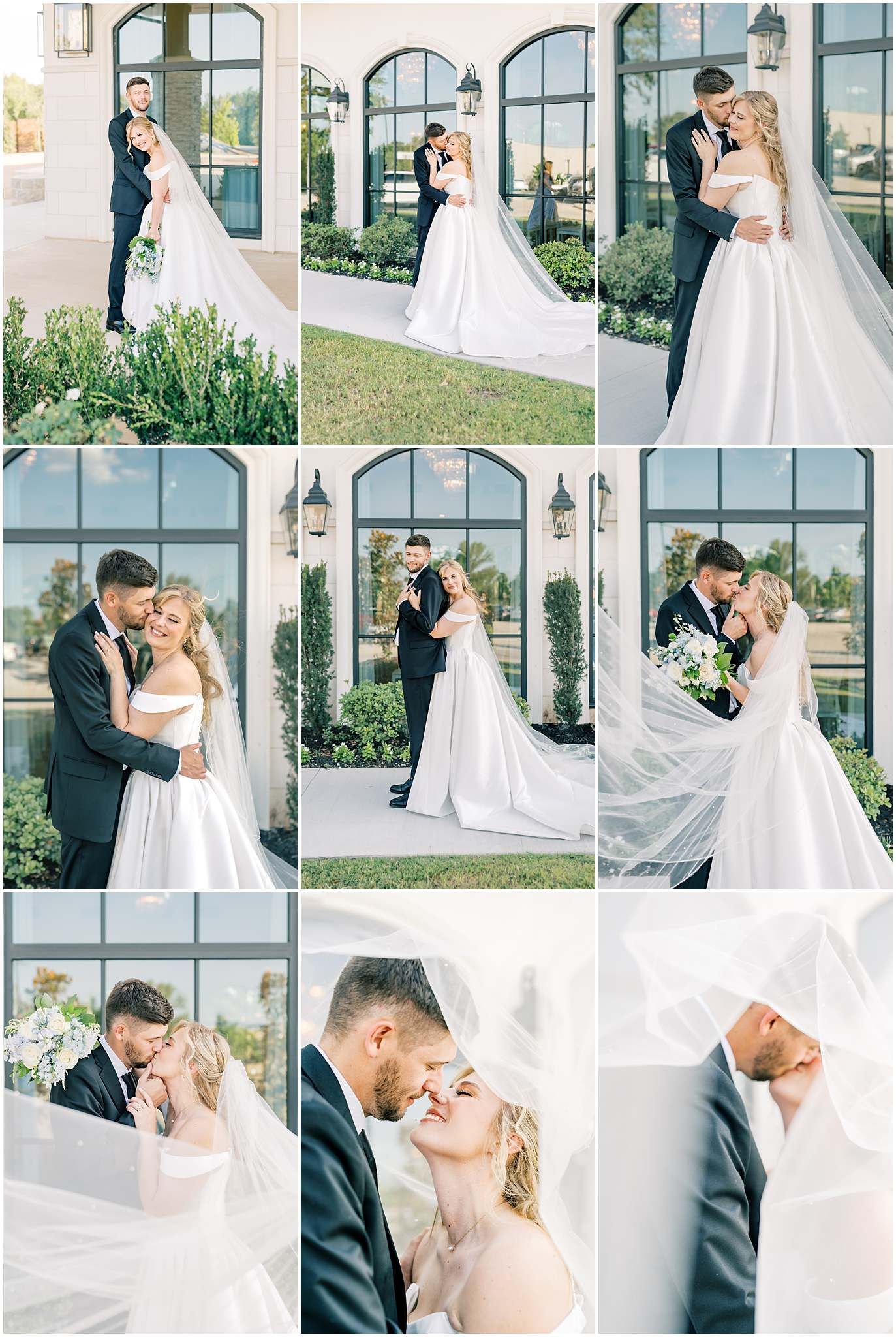 Elegant wedding photo collage featuring bride in white gown with veil and groom in black tuxedo posing outdoors.