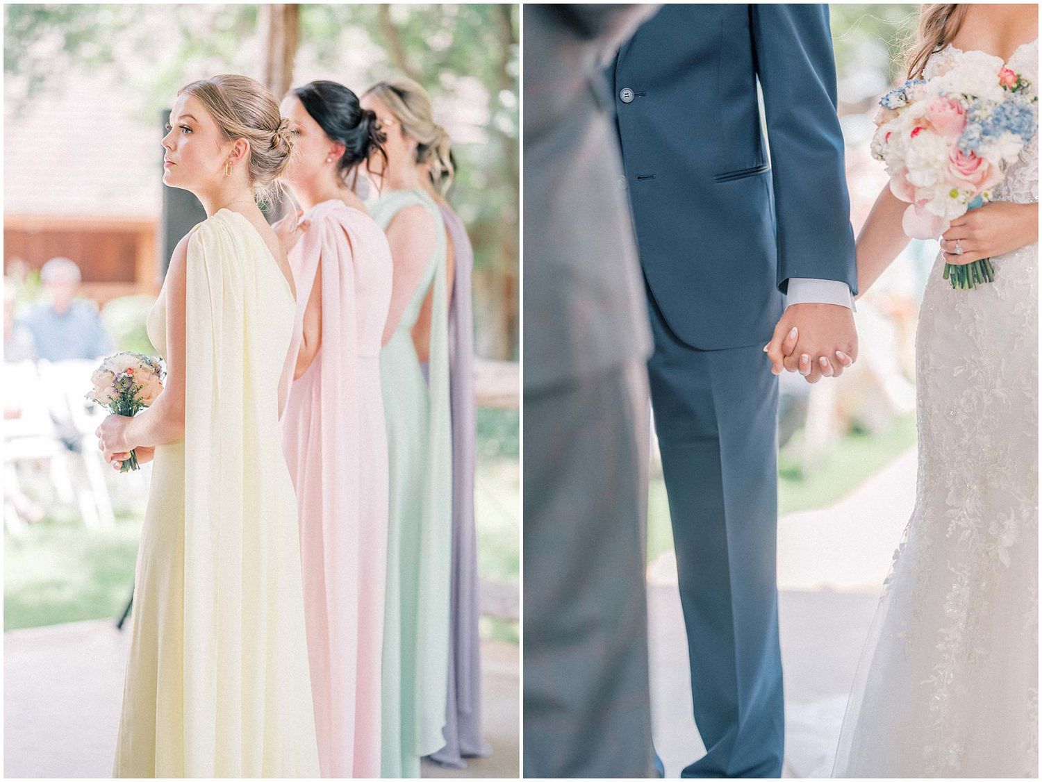 Wedding party in pastel bridesmaid dresses and navy suits standing in formation.