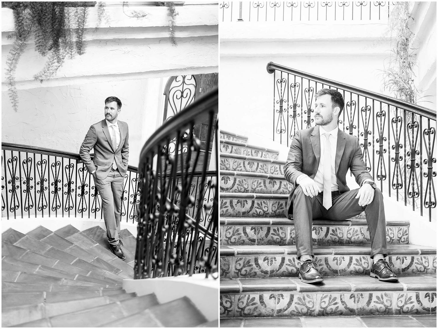 Series of black and white photos showing poses on an ornate staircase with wrought iron railings.
