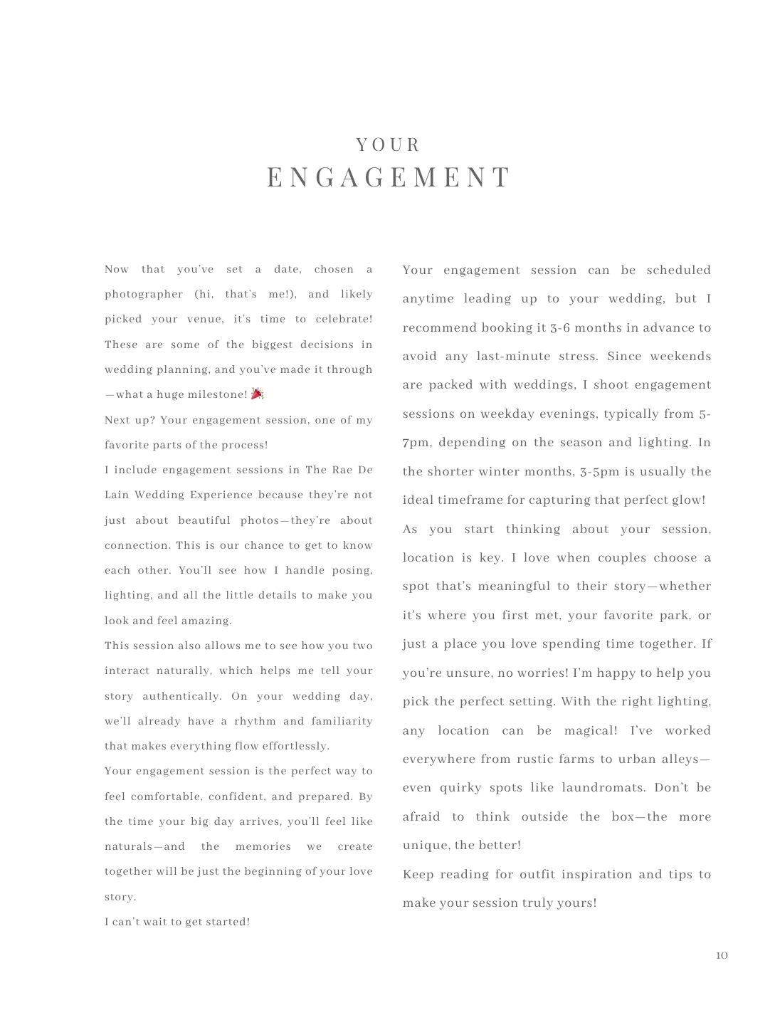 A wedding photography guide open to the engagement session planning page with elegant typography.