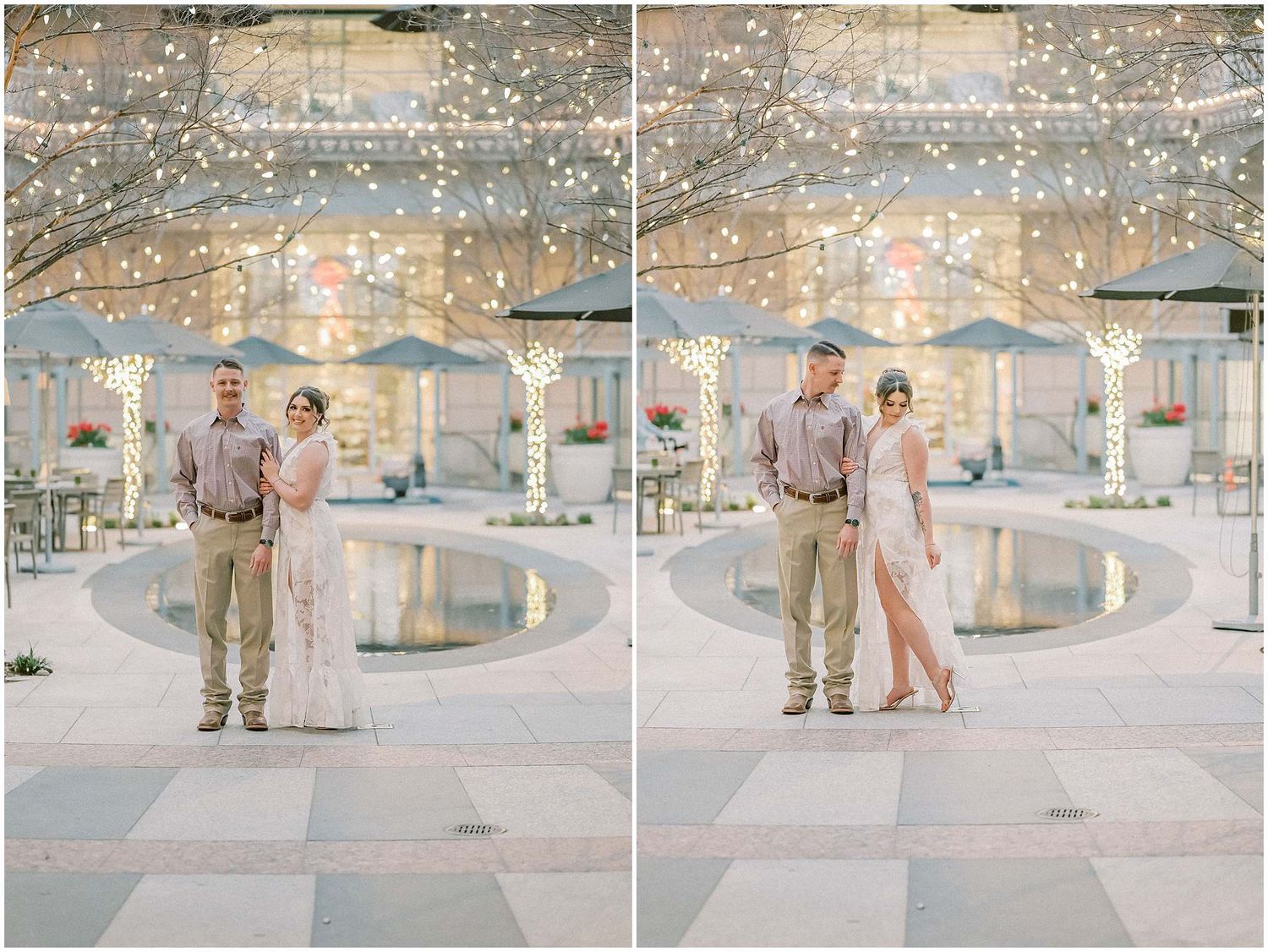 A couple stands together under twinkling lights in a romantic outdoor setting with paved flooring.
