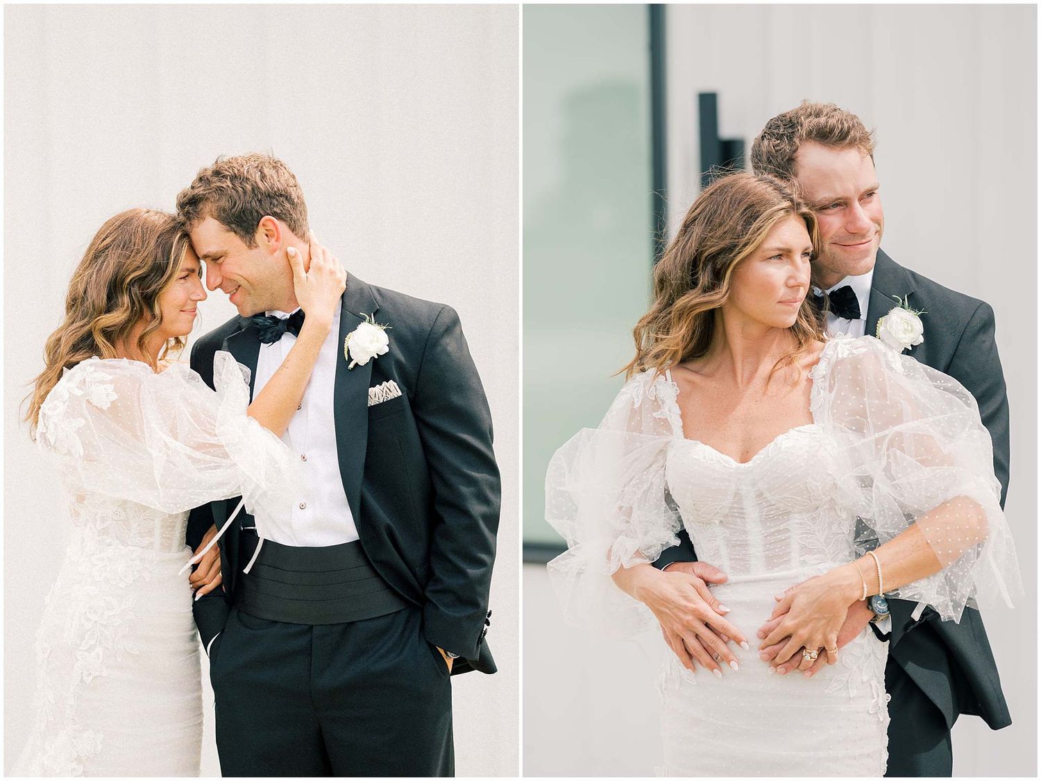 Romantic wedding couple shares intimate moments in a series of tender poses against a light background.