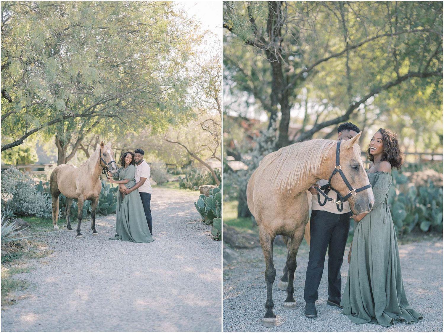 An outdoor engagement session featuring a couple and their horse on a tree-lined path.